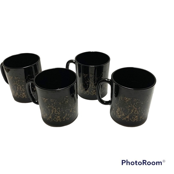 Set of 4 Vintage French Black Gold Glitter Spray Art Coffee Mugs Made In France - Picture 1 of 9